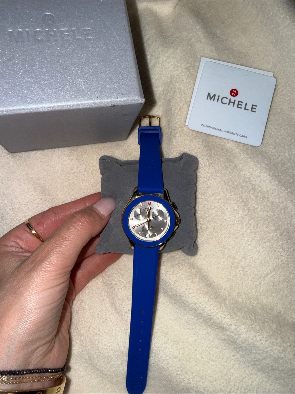 Michele Gold-Tone Case Watch with Blue Silicone Strap